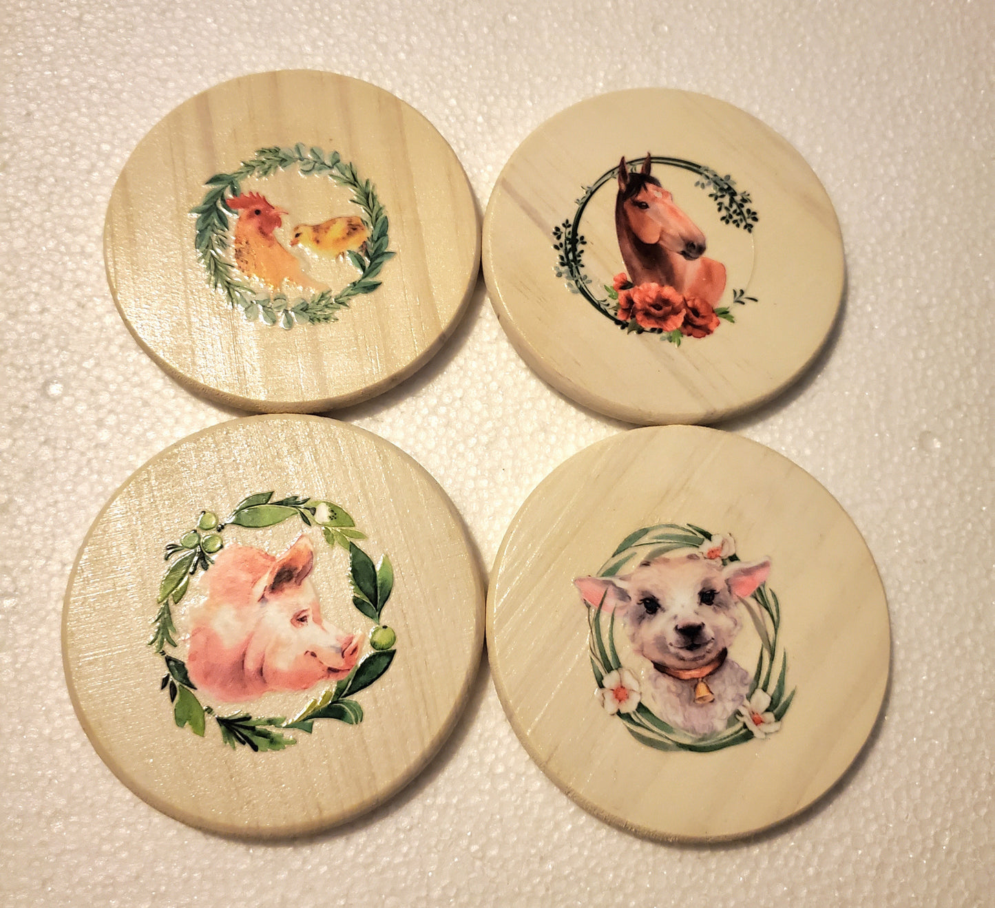 Assorted Sealed Wooden Coasters sets of 4 with holder (click to view other options)
